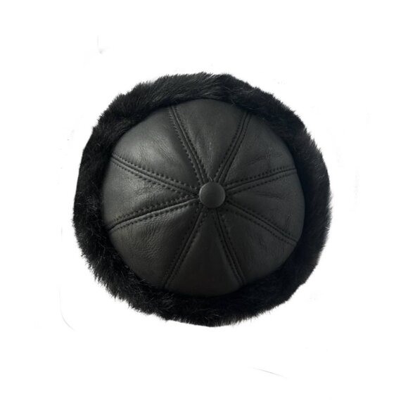 Black Leather Hat Genuine Shearling Sheepskin Leather Fur Beanie Toscana main image 6